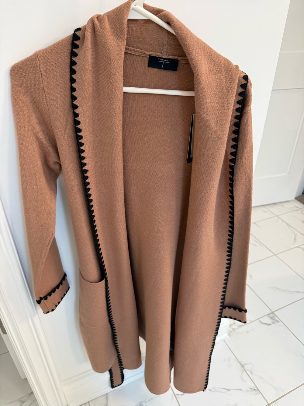 Tahari Camel Open-Front Knit Cardigan